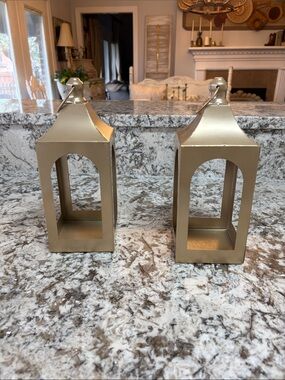 Gold Metal Lantern Pair - Decorative Candle Holders open air